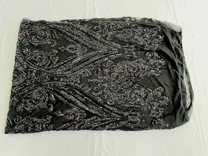 Black Sequins Fabric on Mesh, Damask Design 4 Way Stretch Sequin Fabric Sold By The Yard
