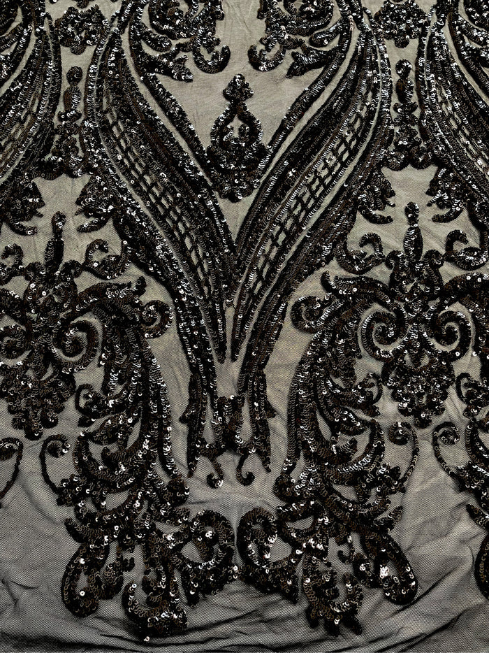 Black Sequins Fabric on Mesh, Damask Design 4 Way Stretch Sequin Fabric Sold By The Yard