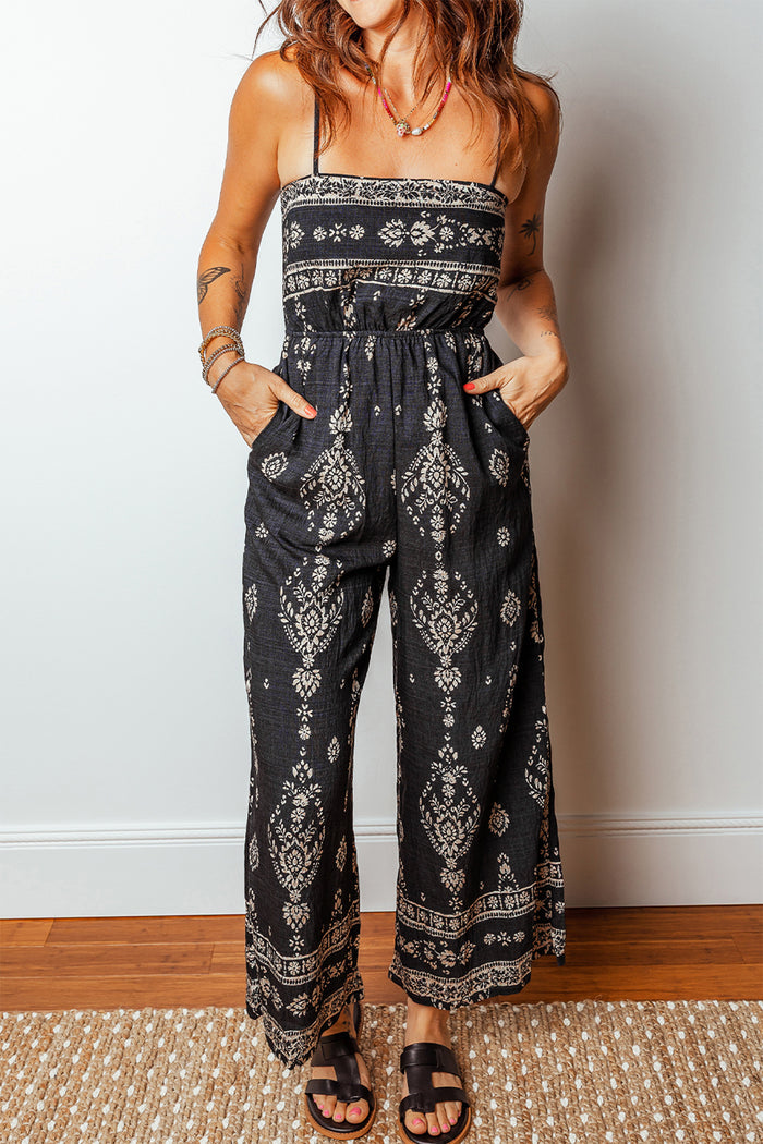 Black Spaghetti Straps Elastic Waist Loose Ethnic Print Jumpsuit 🇺🇸