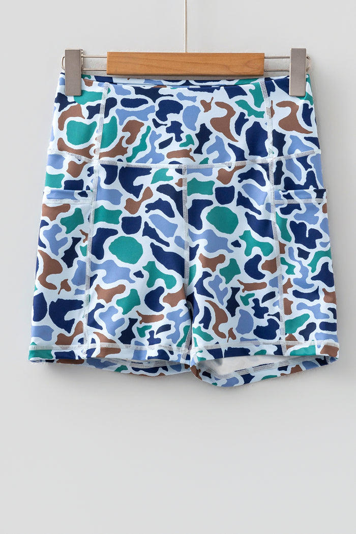 Blue Abstract Camo Printed Seam Detail Biker Shorts 🇺🇸