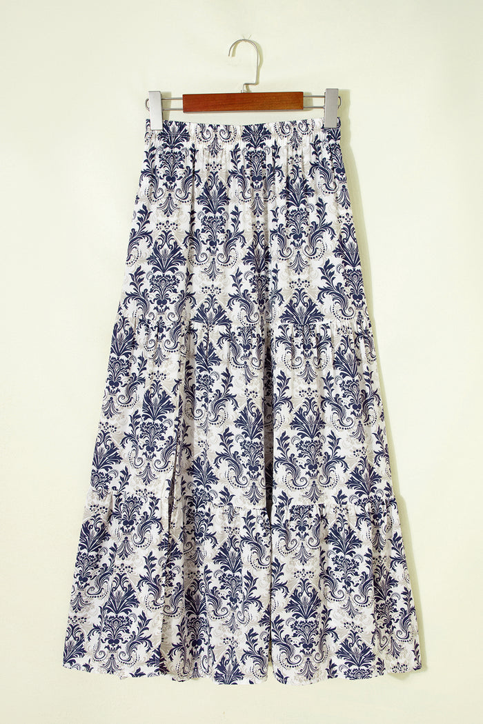 Blue Bohemian Floral Print Tiered Maxi Skirt with Split 🇺🇸