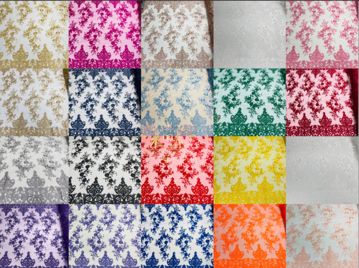 Bridal Lace - By The Yard - Floral Damask Design Embroidered on Mesh Lace Fabric