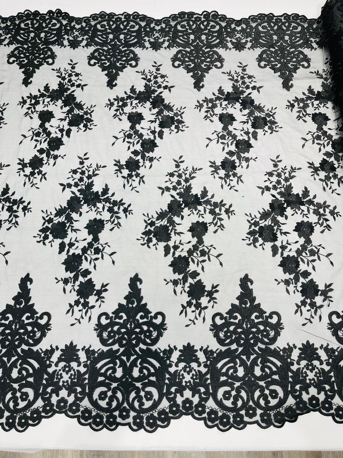 Bridal Lace - By The Yard - Floral Damask Design Embroidered on Mesh Lace Fabric