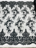 Bridal Lace - By The Yard - Floral Damask Design Embroidered on Mesh Lace Fabric