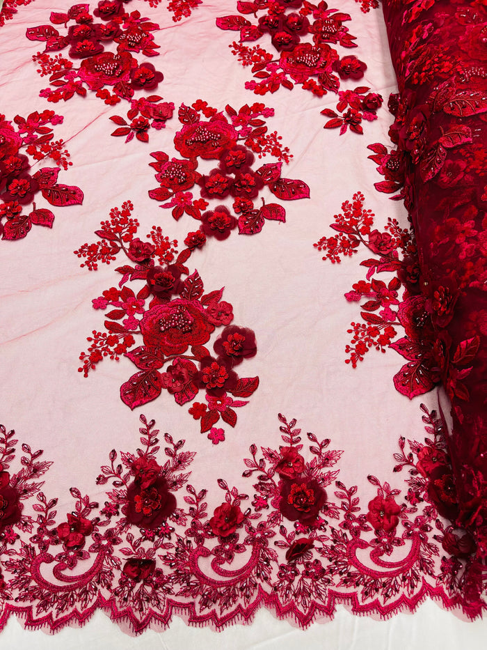 Burgundy 3D Floral Design Embroider and Beaded With Pearls On a Mesh Lace-Prom-Dresses By The Yard
