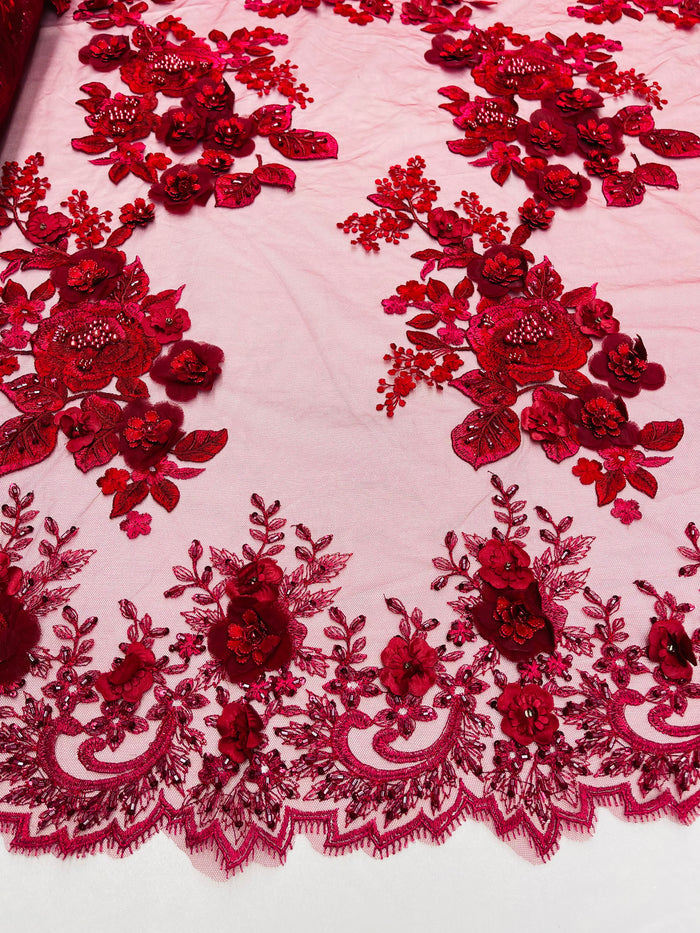 Burgundy 3D Floral Design Embroider and Beaded With Pearls On a Mesh Lace-Prom-Dresses By The Yard