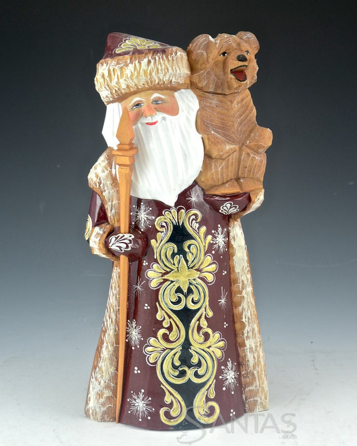 Burgundy and Gold Carved Russian Santa with Bear 9 inch