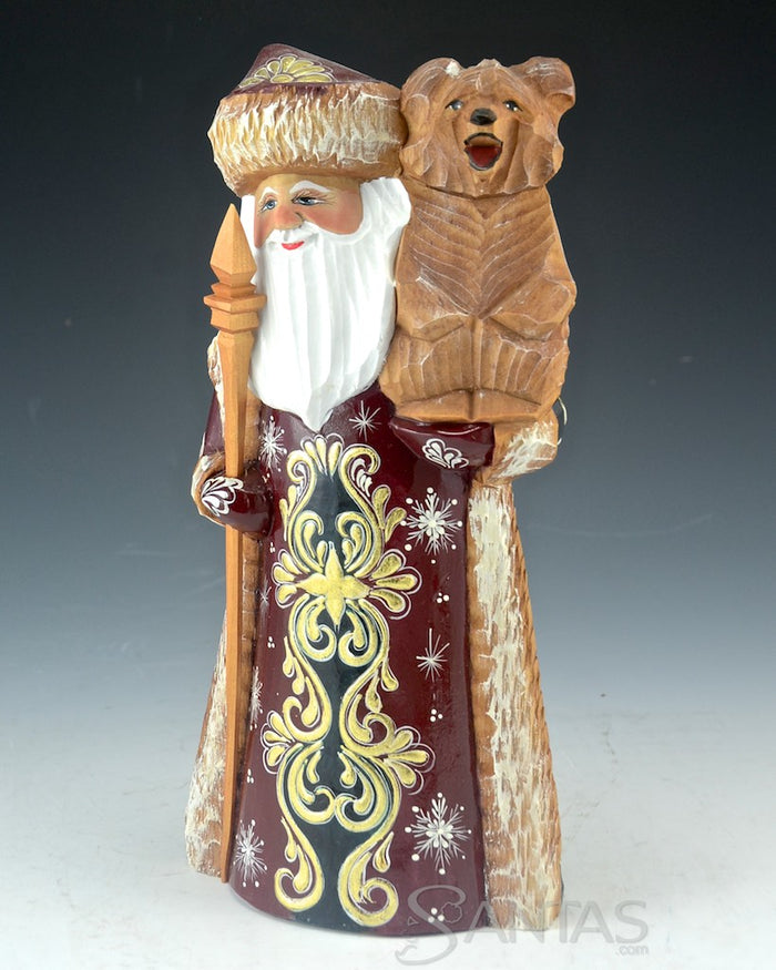 Burgundy and Gold Carved Russian Santa with Bear 9 inch