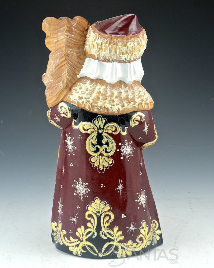 Burgundy and Gold Carved Russian Santa with Bear 9 inch