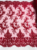 Burgundy Bridal Lace - By The Yard - Floral Damask Design Embroidered on Mesh Lace Fabric