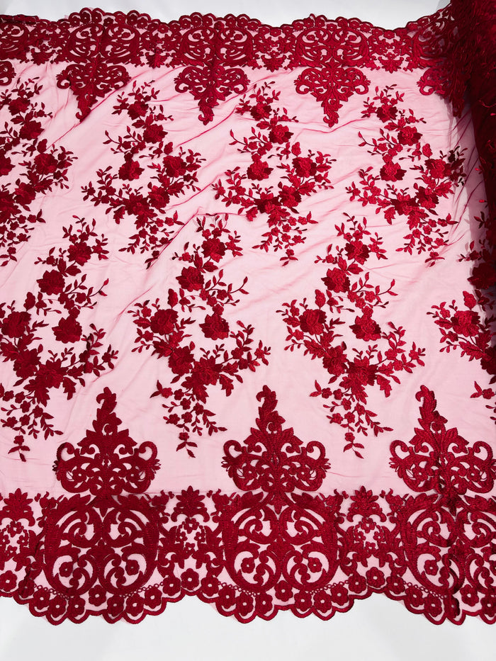 Burgundy Bridal Lace - By The Yard - Floral Damask Design Embroidered on Mesh Lace Fabric