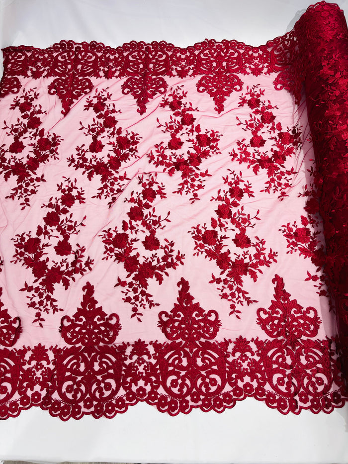 Burgundy Bridal Lace - By The Yard - Floral Damask Design Embroidered on Mesh Lace Fabric