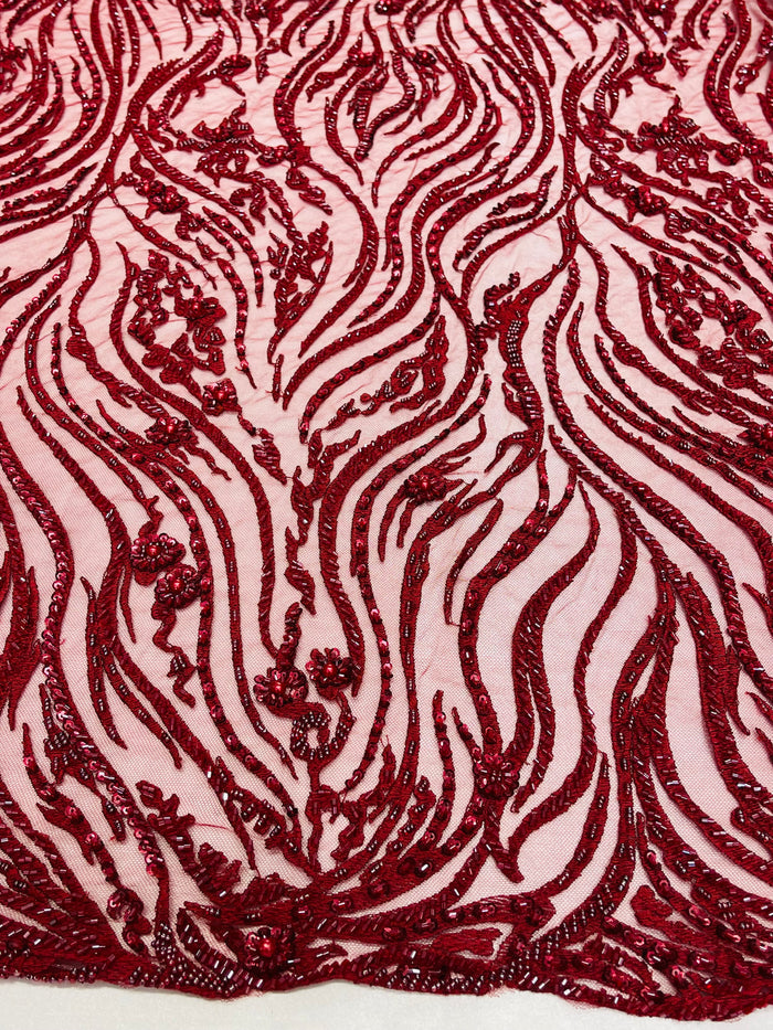 Burgundy Bridal Lace, Beaded Fabric - by the yard - Embroidered Design with Beads and Sequins