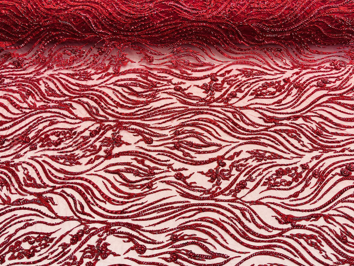 Burgundy Bridal Lace, Beaded Fabric - by the yard - Embroidered Design with Beads and Sequins