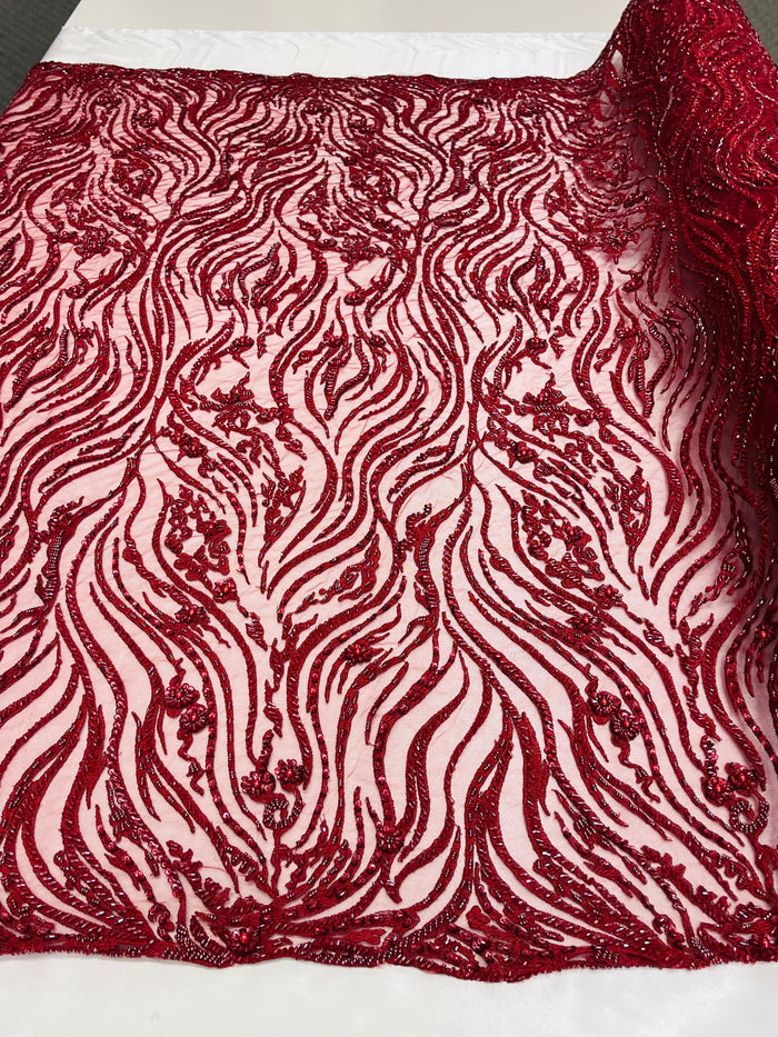 Burgundy Bridal Lace, Beaded Fabric - by the yard - Embroidered Design with Beads and Sequins
