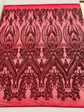 Burgundy Sequins Fabric on Mesh, Damask Design 4 Way Stretch Sequin Fabric Sold By The Yard