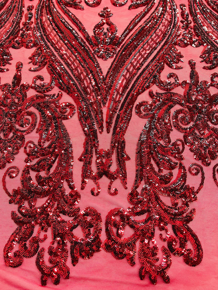 Burgundy Sequins Fabric on Mesh, Damask Design 4 Way Stretch Sequin Fabric Sold By The Yard