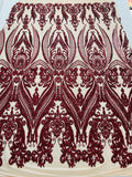 Burgundy Sequins Fabric on Nude Mesh, Damask Design 4 Way Stretch Sequin Fabric Sold By The Yard