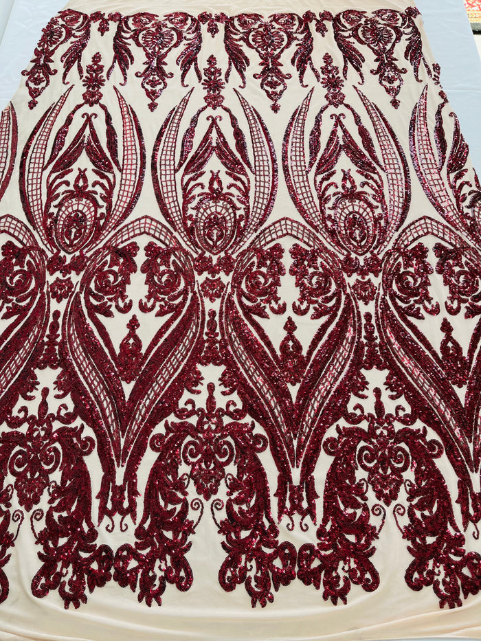 Burgundy Sequins Fabric on Nude Mesh, Damask Design 4 Way Stretch Sequin Fabric Sold By The Yard