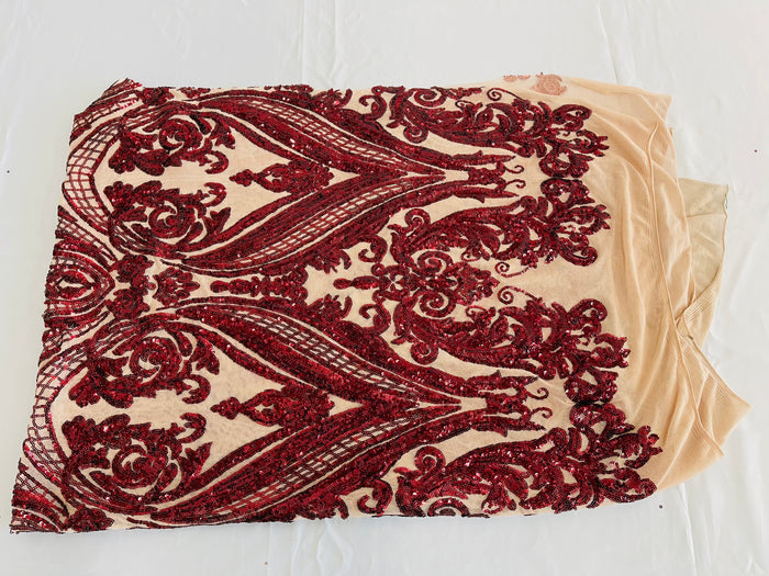 Burgundy Sequins Fabric on Nude Mesh, Damask Design 4 Way Stretch Sequin Fabric Sold By The Yard