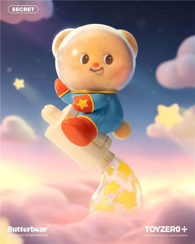 Butterbear - Little Wishes Blind Box Series features a 3D teddy-bear astronaut on a rocket, showcasing whimsical design with branded elements “SECRET,” “Butterbear,” and “TOYZERO+.”
