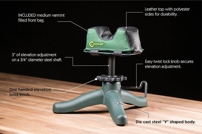 ‎Caldwell The Rock Jr Shooting Bench BR Pivot, Butcher Block top Filled Cast Iron Tan