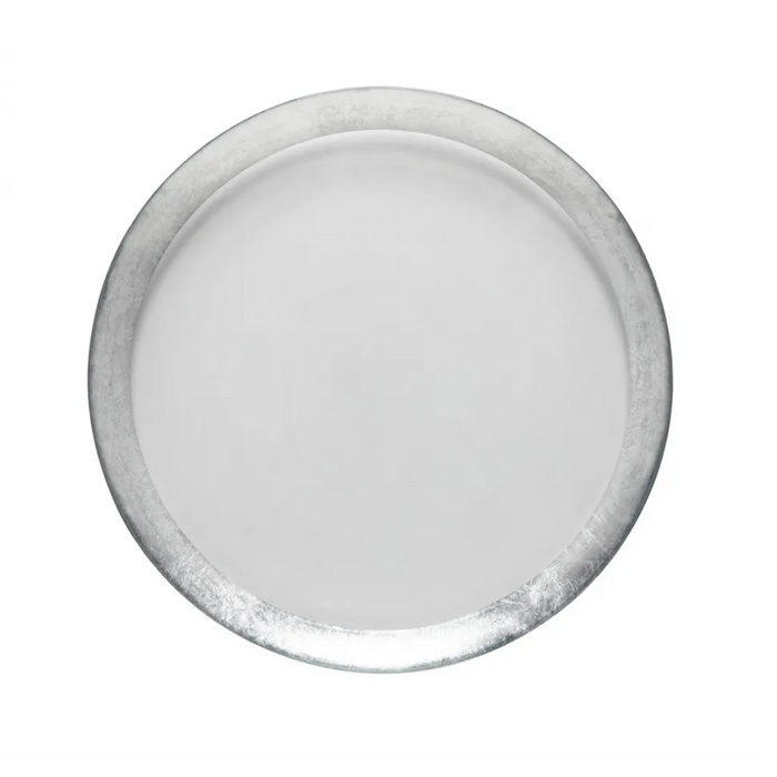 The Casafina Camille Glass Charger Silver, shown from above on a white background, displays its elegant design and mouth-blown craftsmanship—an ideal complement to Casafina glassware.