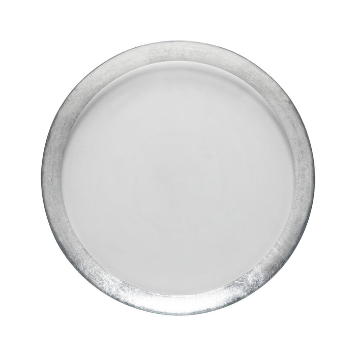 A round, empty white plate with a shiny silver rim, viewed from above against a white background—an elegant companion to Casafina’s Camille Glass Charger Silver.