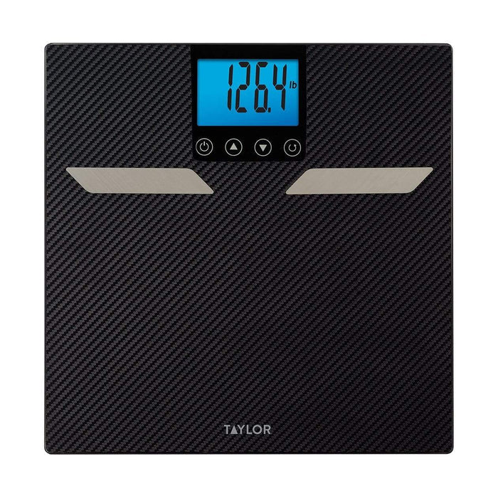 Carbon fiber textured digital body composition scale with a blue backlit display