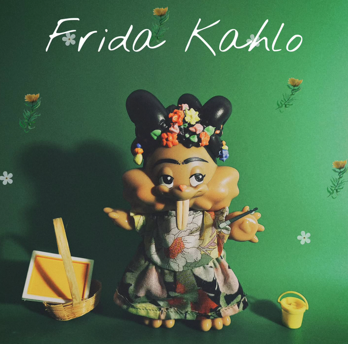 Carlo Frida Bunny figurine by Vivian Wang, 13cm soft vinyl, features Frida Kahlo's iconic style with floral dress, unibrow, and paintbrush, ideal for art toy collectors.