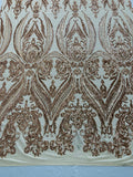 Champagne Sequins Fabric on Mesh, Damask Design 4 Way Stretch Sequin Fabric Sold By The Yard