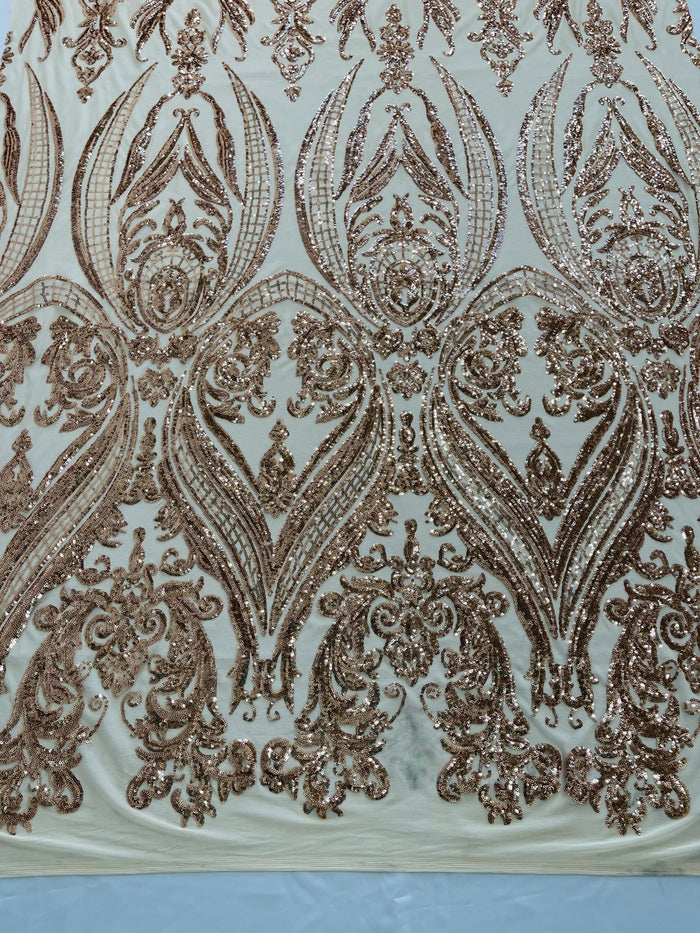 Champagne Sequins Fabric on Mesh, Damask Design 4 Way Stretch Sequin Fabric Sold By The Yard