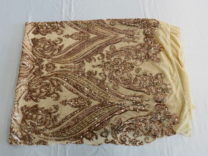 Champagne Sequins Fabric on Mesh, Damask Design 4 Way Stretch Sequin Fabric Sold By The Yard