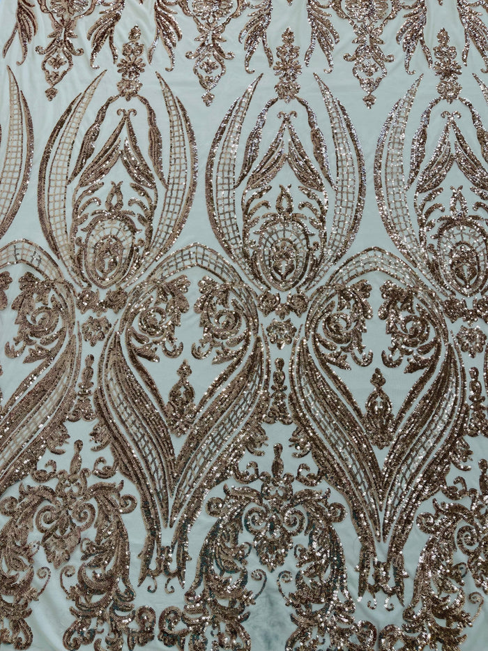 Champagne Sequins Fabric on Mesh, Damask Design 4 Way Stretch Sequin Fabric Sold By The Yard