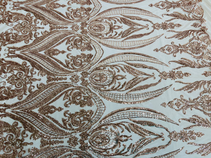 Champagne Sequins Fabric on Mesh, Damask Design 4 Way Stretch Sequin Fabric Sold By The Yard