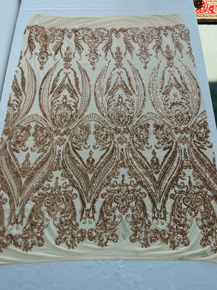 Champagne Sequins Fabric on Mesh, Damask Design 4 Way Stretch Sequin Fabric Sold By The Yard