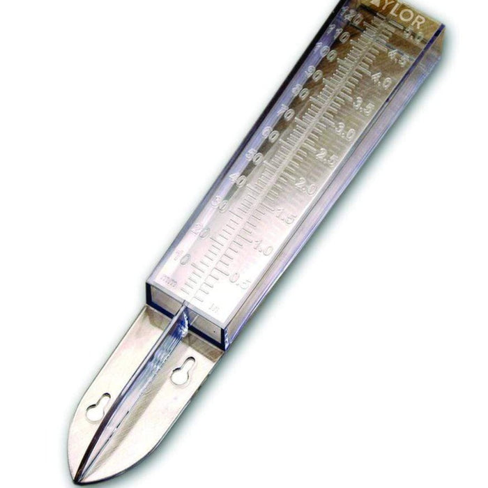 ClearVu rain gauge scale close up inside a transparent housing with a metal mounting plate.