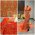 Damask Sequins - Orange on Dark Nude - Sequin Design on 4 Way Stretch Fabric By Yard