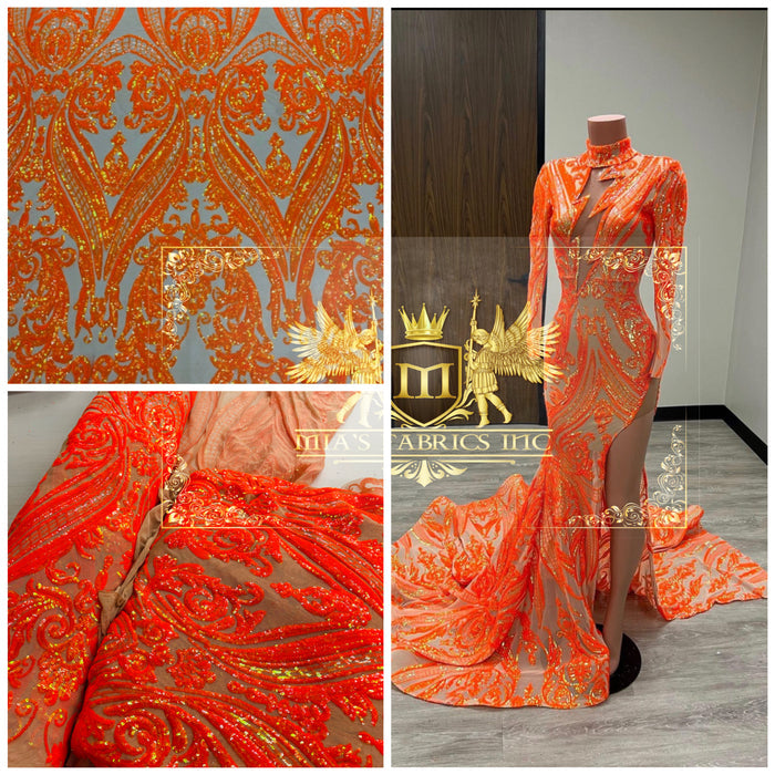 Damask Sequins - Orange on Dark Nude - Sequin Design on 4 Way Stretch Fabric By Yard