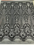 Damask Stretch Sequin - Black - Designer Damask Fabric on 4 Way Stretch Mesh Yard