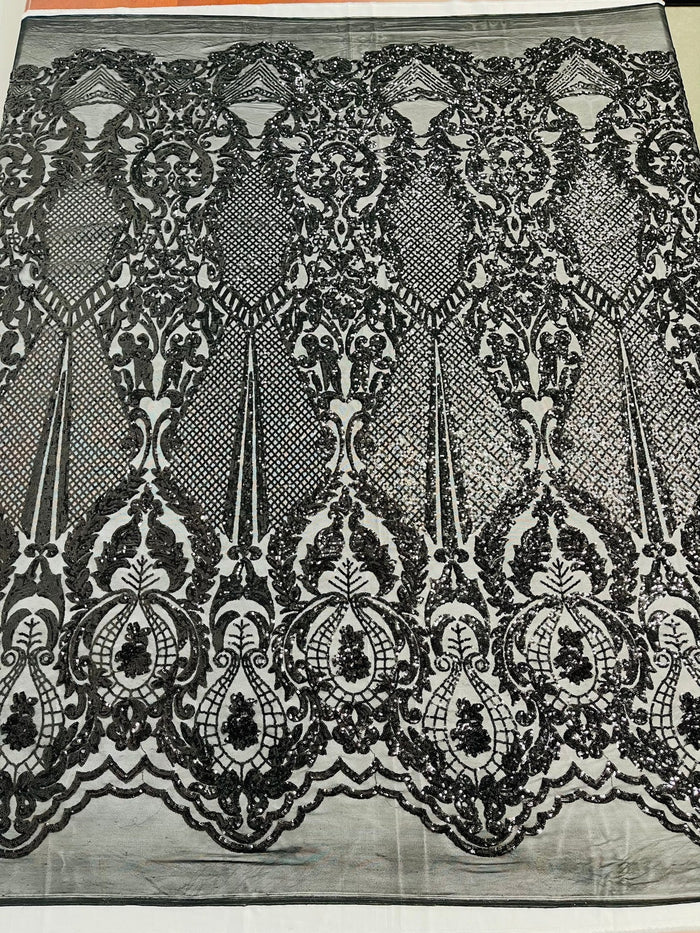 Damask Stretch Sequin - Black - Designer Damask Fabric on 4 Way Stretch Mesh Yard