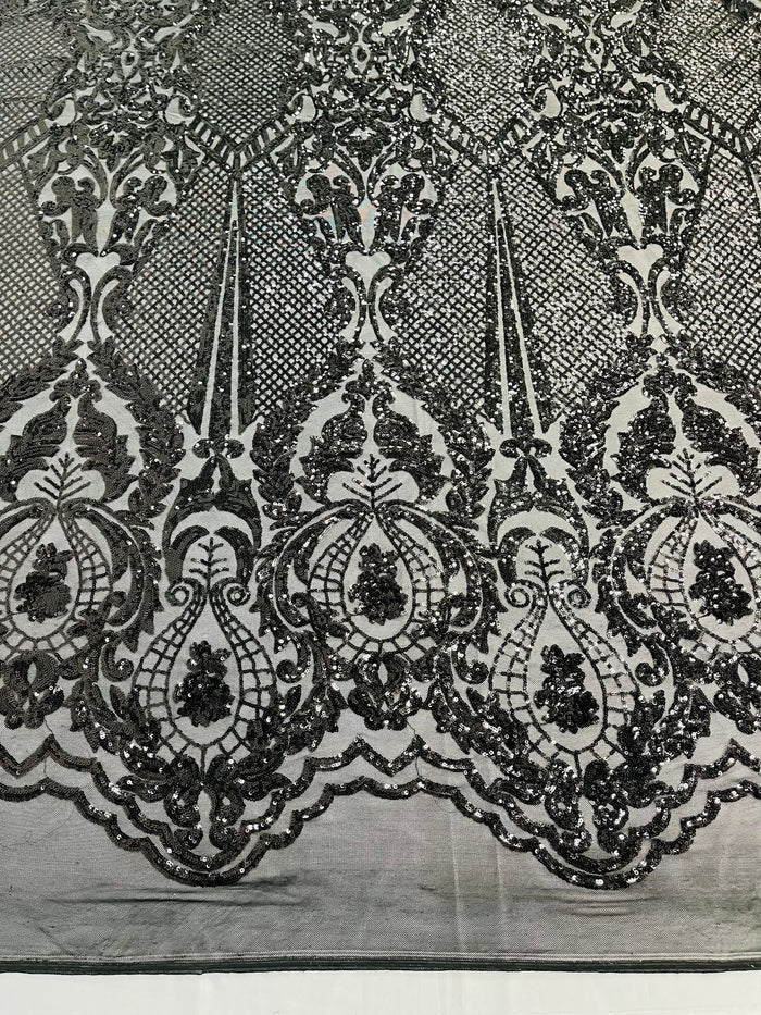 Damask Stretch Sequin - Black - Designer Damask Fabric on 4 Way Stretch Mesh Yard
