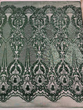 Damask Stretch Sequin - Hunter Green Designer Fabric on 4 Way Stretch Mesh Yard