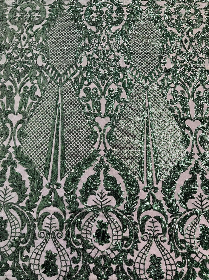 Damask Stretch Sequin - Hunter Green Designer Fabric on 4 Way Stretch Mesh Yard