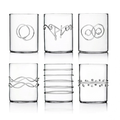 Six Deco Clear Water Glasses by Ichendorf Milano, each made from sturdy borosilicate glass and adorned with distinctive raised patterns—such as loops, waves, rings, parallel lines, and dots—are arranged in two rows on a plain white background.