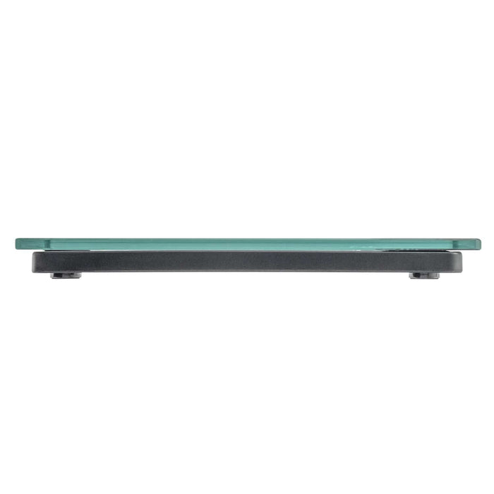 Side profile of a Digital Talking Bathroom Scale Clear Glass showing a slim glass top and dark base.