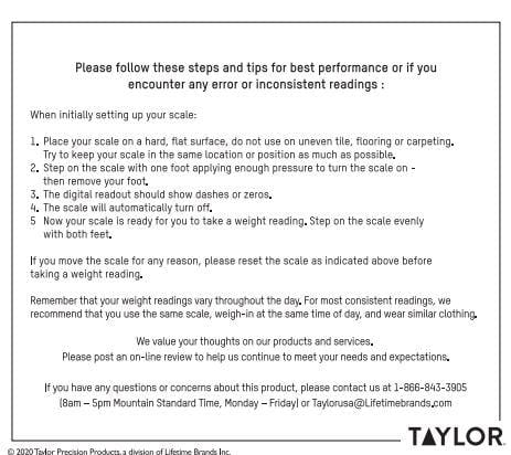 Instruction sheet for the digital talking scale with setup steps and Taylor logo