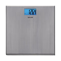 Brushed stainless steel digital scale with blue backlit LCD display.