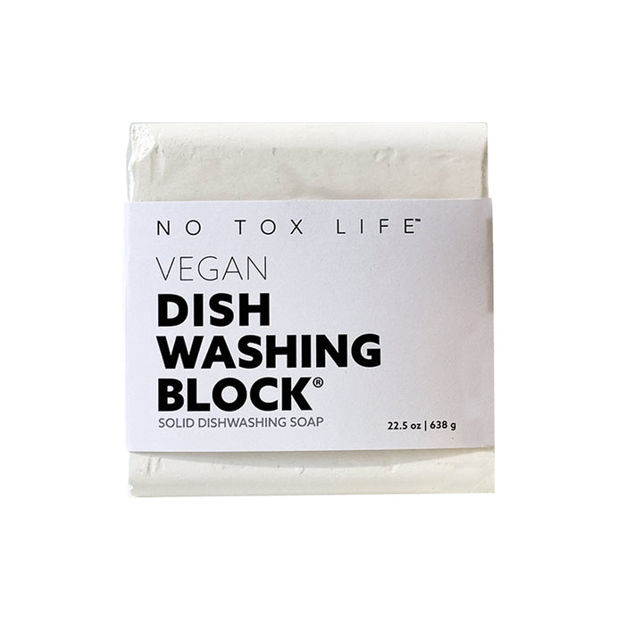 White vegan dishwashing soap block in paper wrap, Solid Dishwashing Soap label