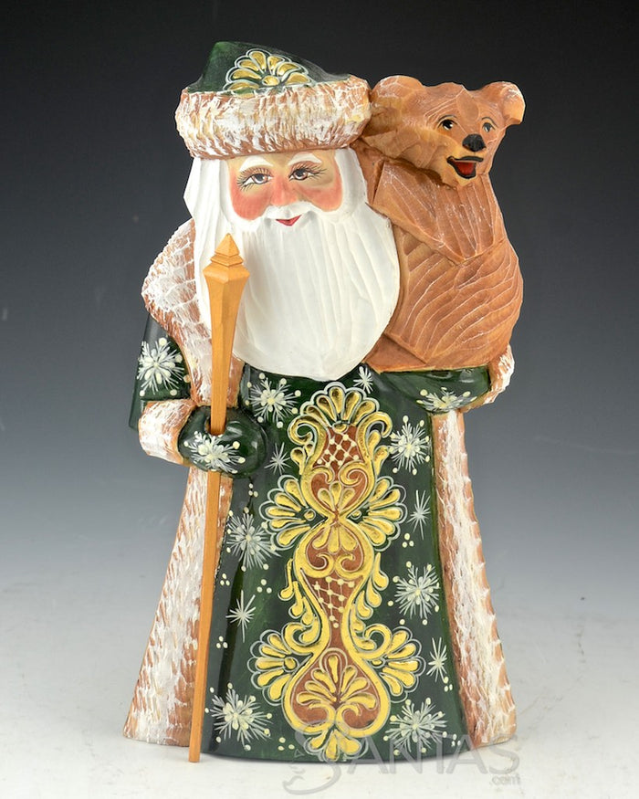 Emerald Green and Gold Carved Russian Santa Holding a Bear